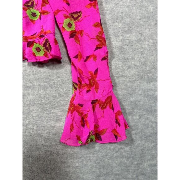 Ecote‎ Urban Outfitters Women’s Terri Blouse Sz M Pink Floral Semi Sheer Ruffle - Picture 5 of 7